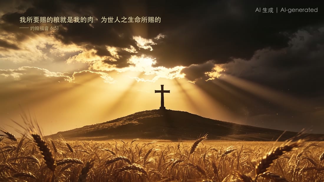 The Way of Life — a cross on a hill, god rays breaking through cloud over a wheat field